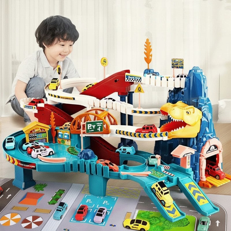 JurassicRun – Divertido e instructivo – Pista de carreras con automóviles en forma de dinosaurio