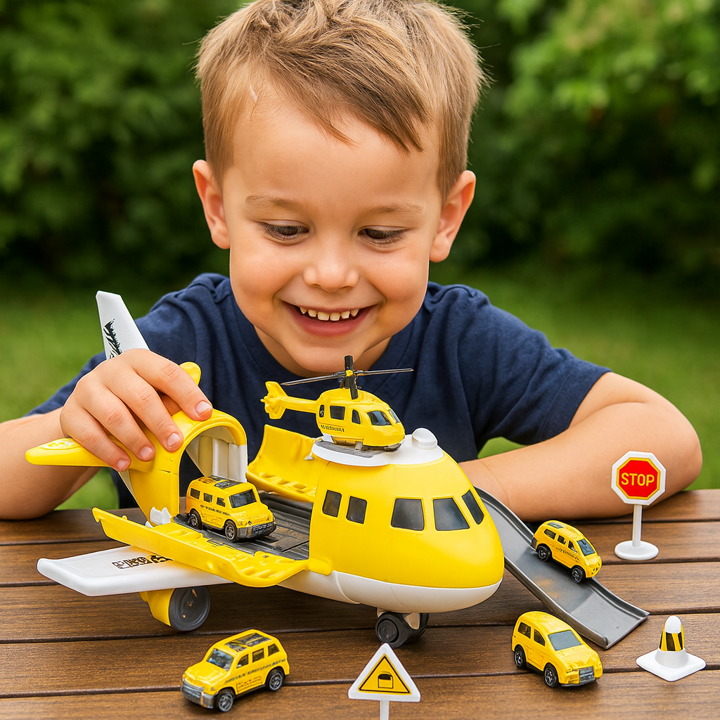 Juego de juguetes con avión y vehículos