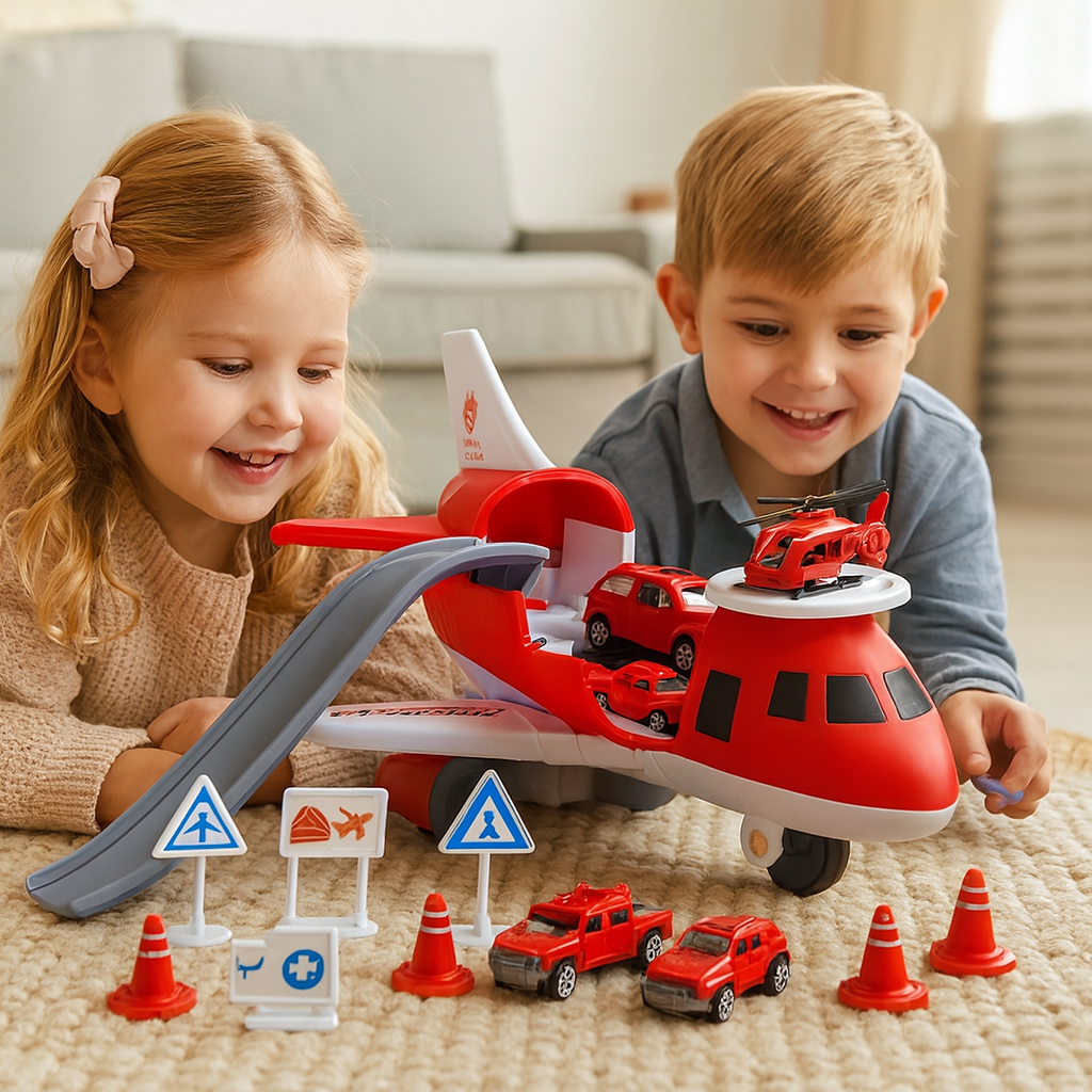 Juego de juguetes con avión y vehículos