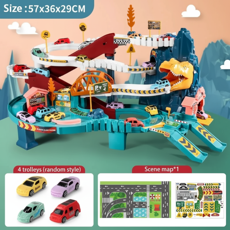 JurassicRun – Divertido e instructivo – Pista de carreras con automóviles en forma de dinosaurio