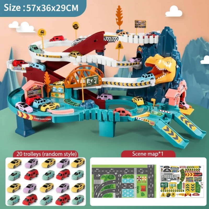 JurassicRun – Divertido e instructivo – Pista de carreras con automóviles en forma de dinosaurio