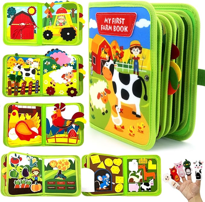 Libro de cuentos de granja para niños pequeños | Libro de actividades de suave fieltro para el aprendizaje de animales y la motricidad fina