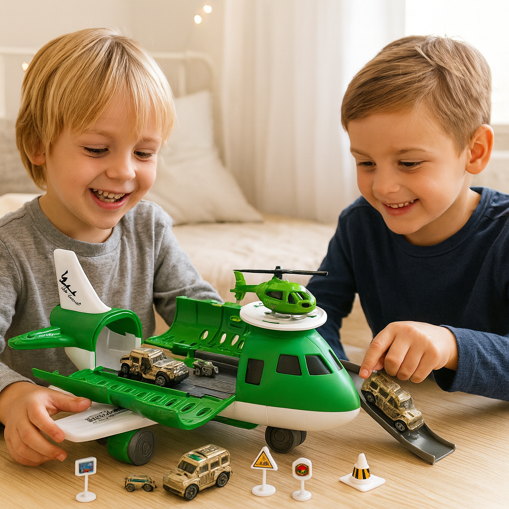 Juego de juguetes con avión y vehículos