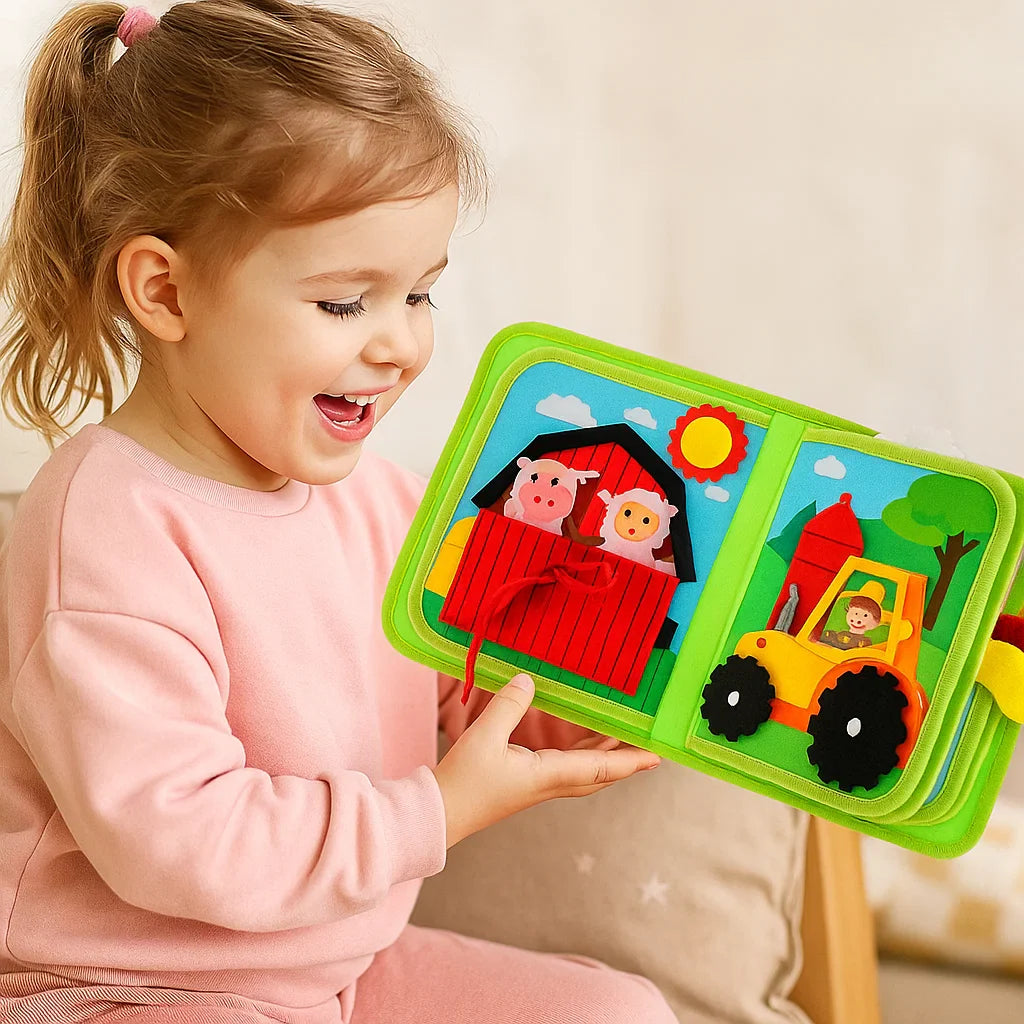 Libro de cuentos de granja para niños pequeños | Libro de actividades de suave fieltro para el aprendizaje de animales y la motricidad fina