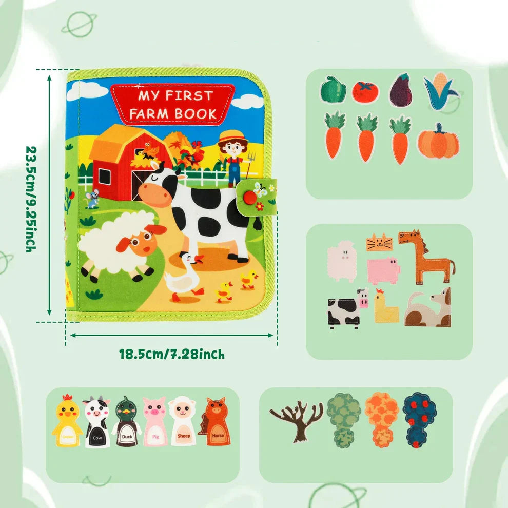 Libro de cuentos de granja para niños pequeños | Libro de actividades de suave fieltro para el aprendizaje de animales y la motricidad fina