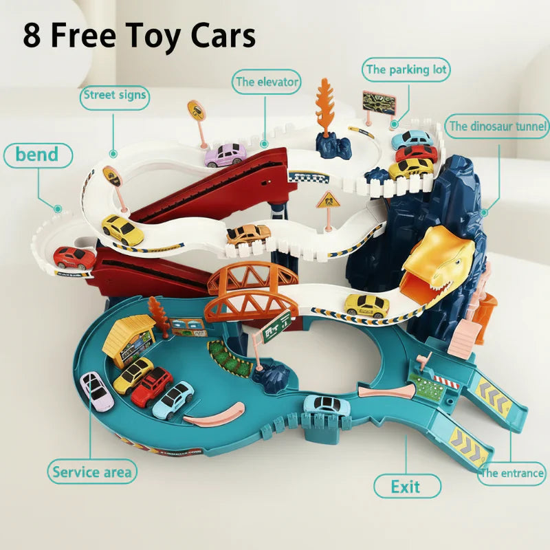 JurassicRun – Divertido e instructivo – Pista de carreras con automóviles en forma de dinosaurio