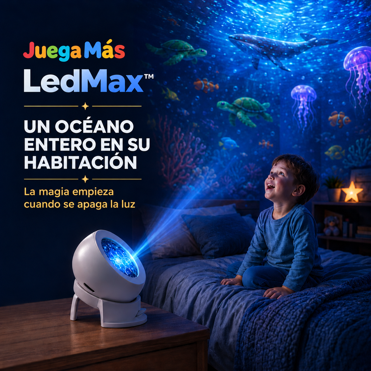 LedMax, proyector LED oceánico en una habitación infantil